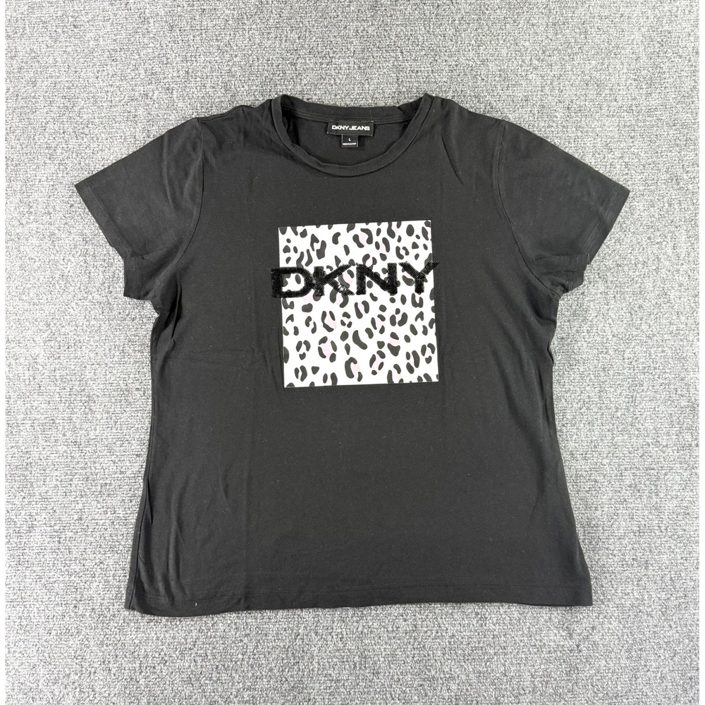 DKNY‎ Jeans Womens Black Short Sleeve Leopard Print Logo Graphic T-Shirt Large